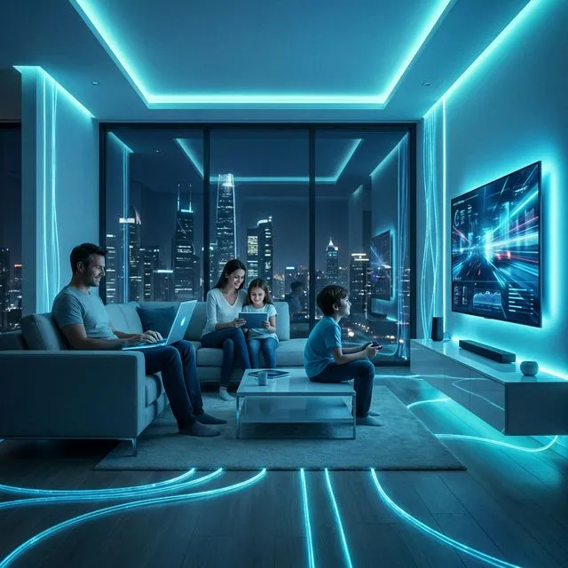 আধুনিক লিভিং রুমে পরিবার উচ্চ গতির ইন্টারনেট ব্যবহার করছে